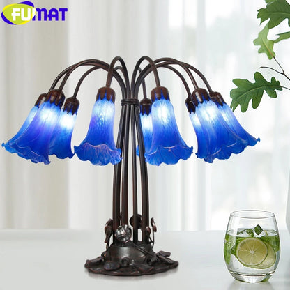 FUMAT Tiffany Style 10 Heads Desk Light Blue Trumpet Flower Stained Glass Table Lamp Alloy Lotus Frame Art Antique Luxury Decor Tiffany Lilly Lamp Adrianas Specialty Lamp Shades