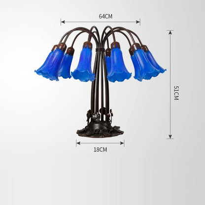 FUMAT Tiffany Style 10 Heads Desk Light Blue Trumpet Flower Stained Glass Table Lamp Alloy Lotus Frame Art Antique Luxury Decor Tiffany Lilly Lamp Adrianas Specialty Lamp Shades Morning Glory Button Switch CHINA | Zine Alloy Frame