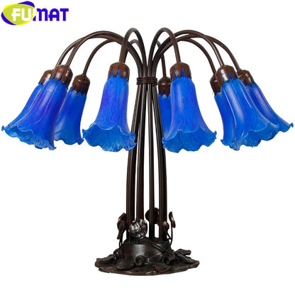 FUMAT Tiffany Style 10 Heads Desk Light Blue Trumpet Flower Stained Glass Table Lamp Alloy Lotus Frame Art Antique Luxury Decor Tiffany Lilly Lamp Adrianas Specialty Lamp Shades