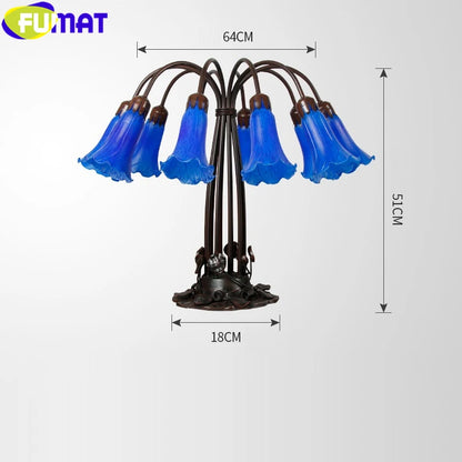 FUMAT Tiffany Style 10 Heads Desk Light Blue Trumpet Flower Stained Glass Table Lamp Alloy Lotus Frame Art Antique Luxury Decor Tiffany Lilly Lamp Adrianas Specialty Lamp Shades