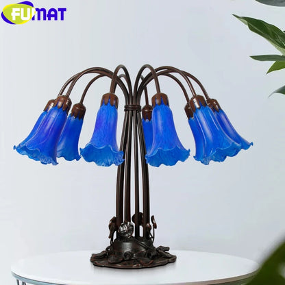 FUMAT Tiffany Style 10 Heads Desk Light Blue Trumpet Flower Stained Glass Table Lamp Alloy Lotus Frame Art Antique Luxury Decor Tiffany Lilly Lamp Adrianas Specialty Lamp Shades