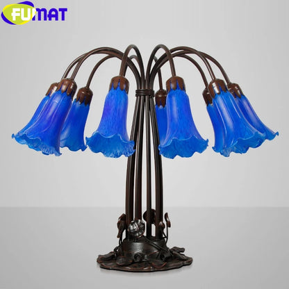 FUMAT Tiffany Style 10 Heads Desk Light Blue Trumpet Flower Stained Glass Table Lamp Alloy Lotus Frame Art Antique Luxury Decor Tiffany Lilly Lamp Adrianas Specialty Lamp Shades