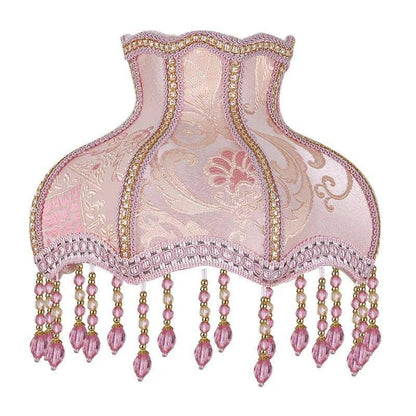 E0705VC730 - Fringed Gallery or Scallop Bottom Lamp Shade Fringed Lamp Shades Adrianas Specialty Lamp Shades Pink Brocade with Pink Beaded Trim