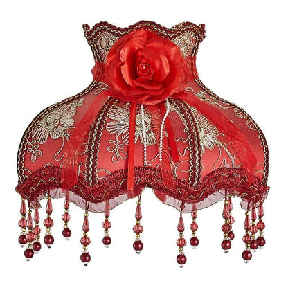 E0705VC730 - Fringed Gallery or Scallop Bottom Lamp Shade Fringed Lamp Shades Adrianas Specialty Lamp Shades Red with Gold Brocade and Beads