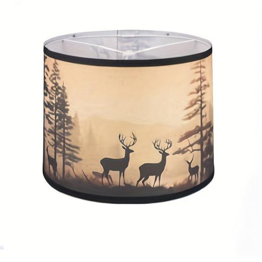 Traditional Fabric Drum Lampshade - Rustic Forest and Deer Silhouette Design, No Electricity Required, Metal Accents, Fits Standard Pendant and Table Lamps - Specialty Shades